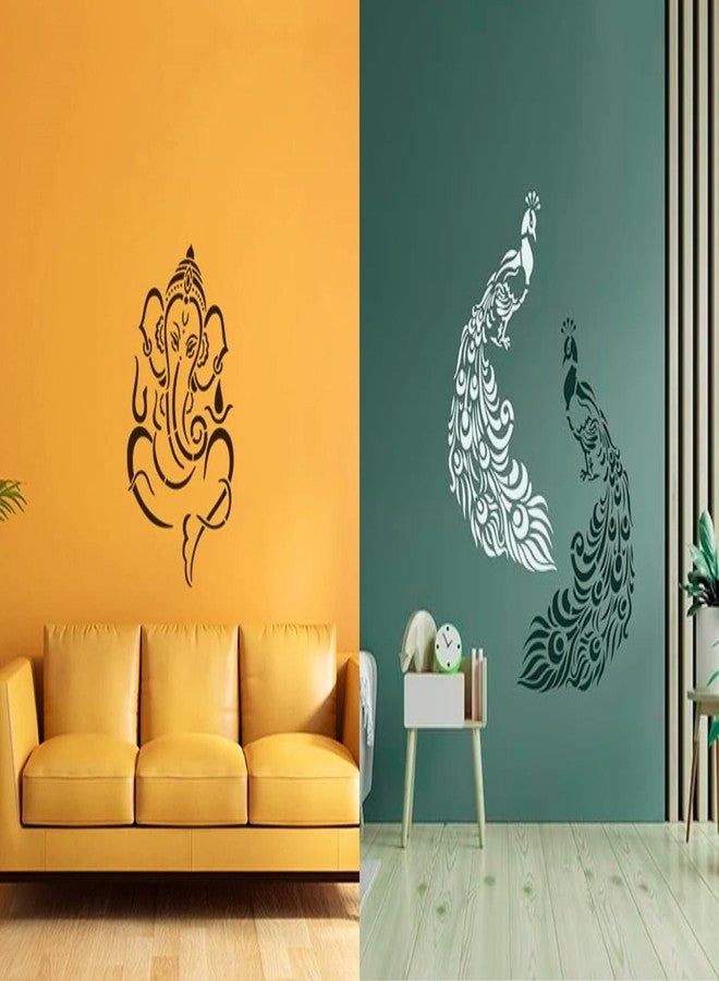 StenCart Combo of 2 Ganesha & Classy Peacock Stencil for Wall Painting Home DIY Reusable Wall Stencil Design for Wall Decoration (16x24 inch) -Pack of 2 - Image 1